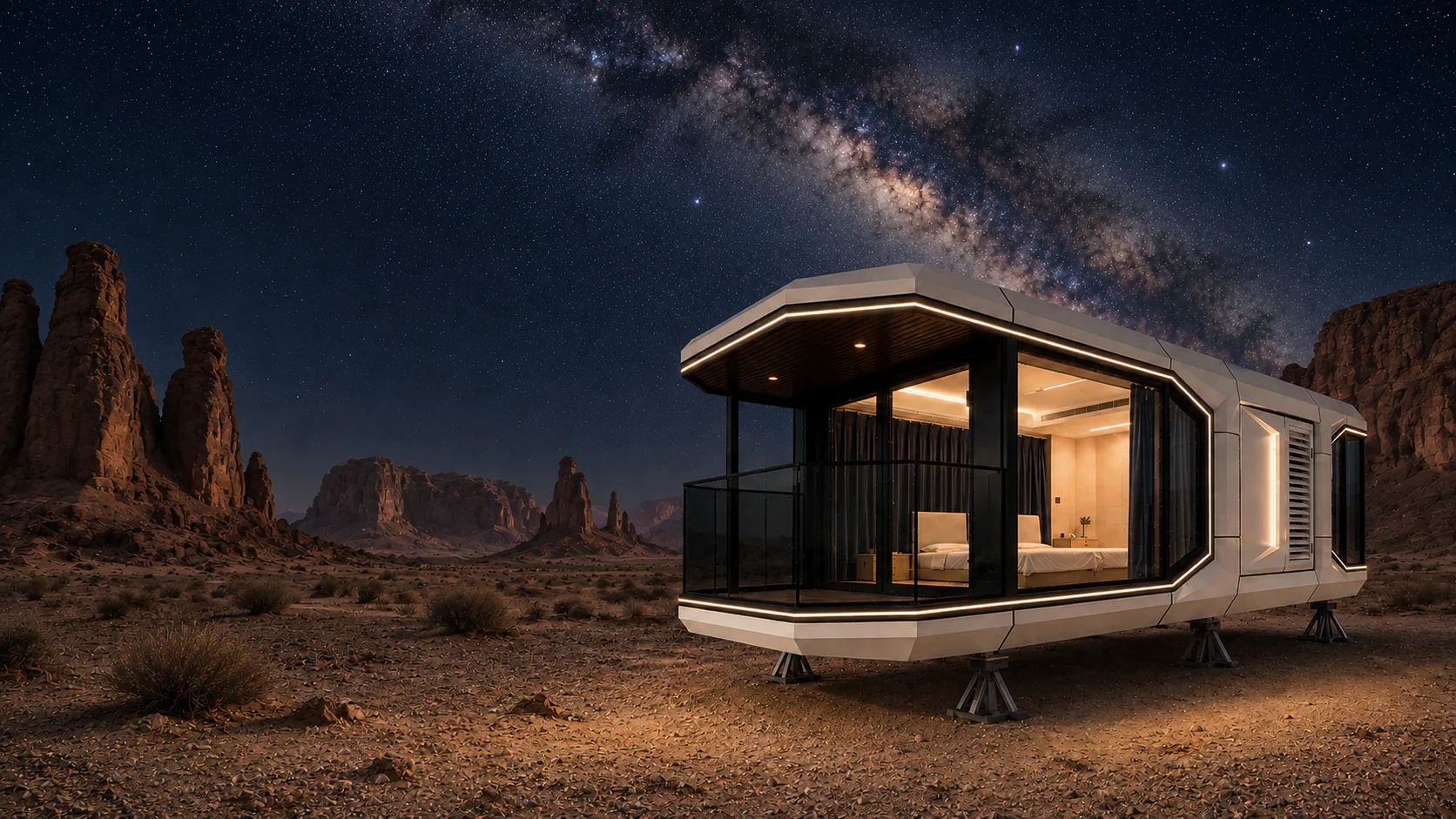 Domus D7 in an AlUla-inspired desert beneath the Milky Way — generated concept scene